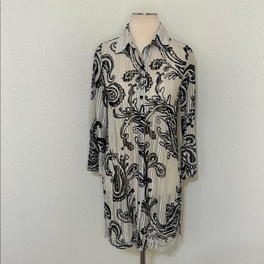 Chico’s Traveler 0 Sheer Black and Cream Shirt Duster Topper Small like 4 / 6